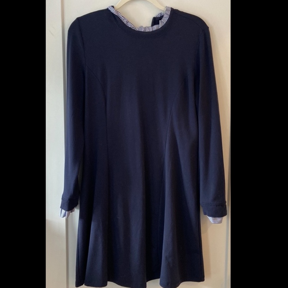Navy knit dress w striped ruffle  collar and sleeve-fits M or L